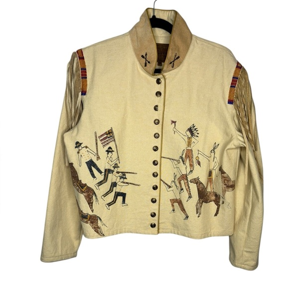 Rare Double D Ranch VTG 90’s Ledger Art Canvas Suede Western Jacket Medium - Picture 1 of 15
